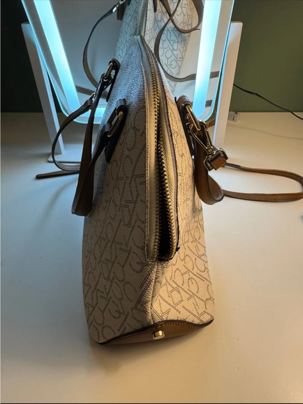Calvin Klein Cream Logo Dome Satchel with Brown Handles